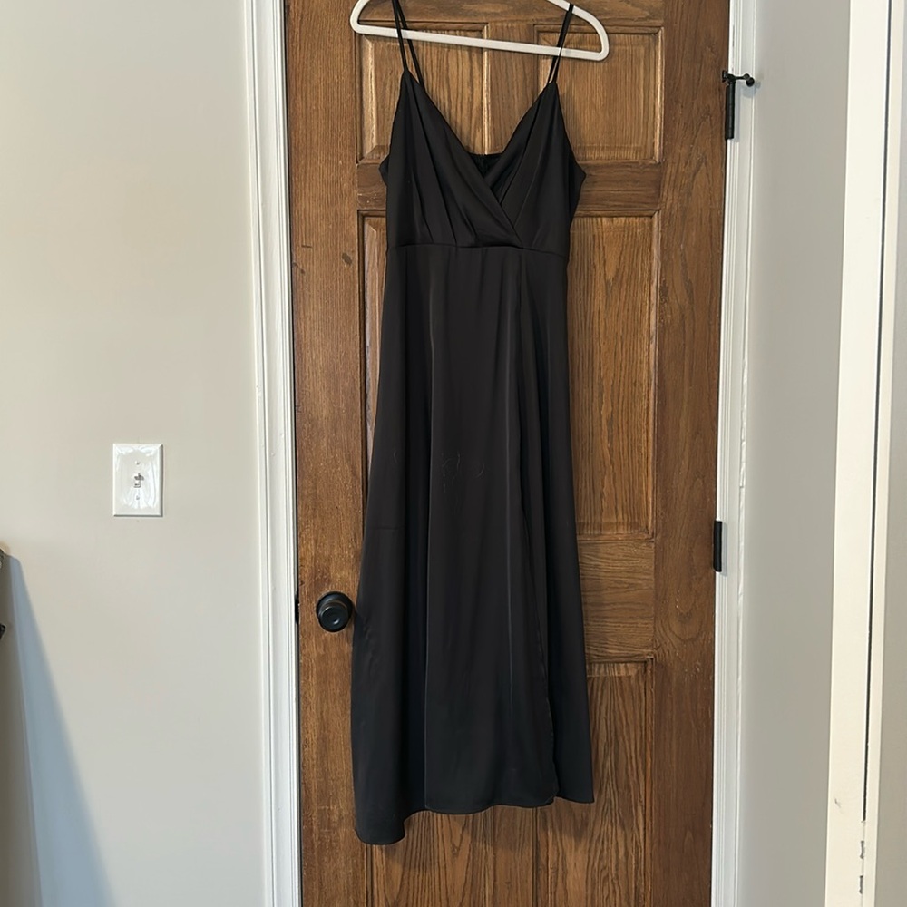 Black satin v neck dress